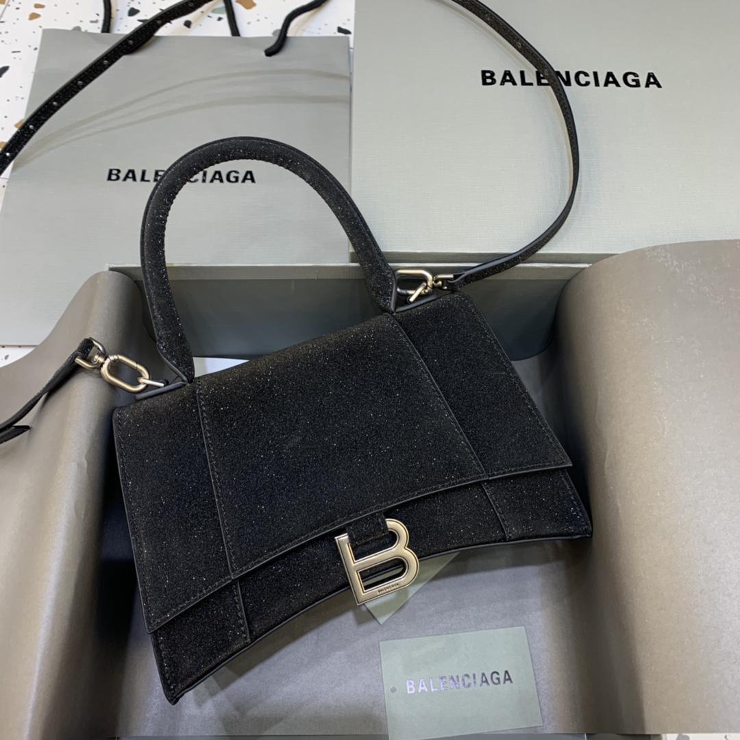 Balenciaga Hourglass Small Handbag Glitter Material Shoulder Bag Black